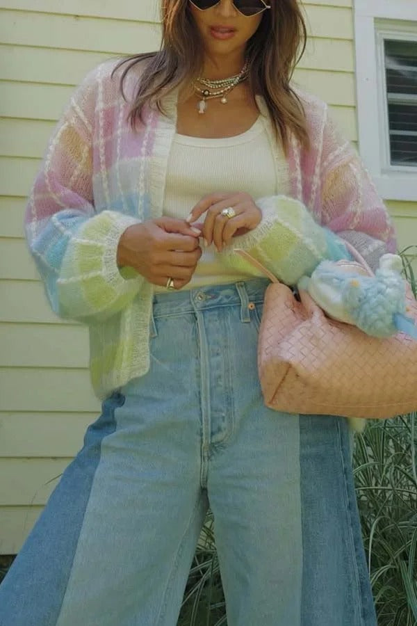 Palette Day Knit Color Blocks Open Front Balloon Sleeve Loose Cardigan