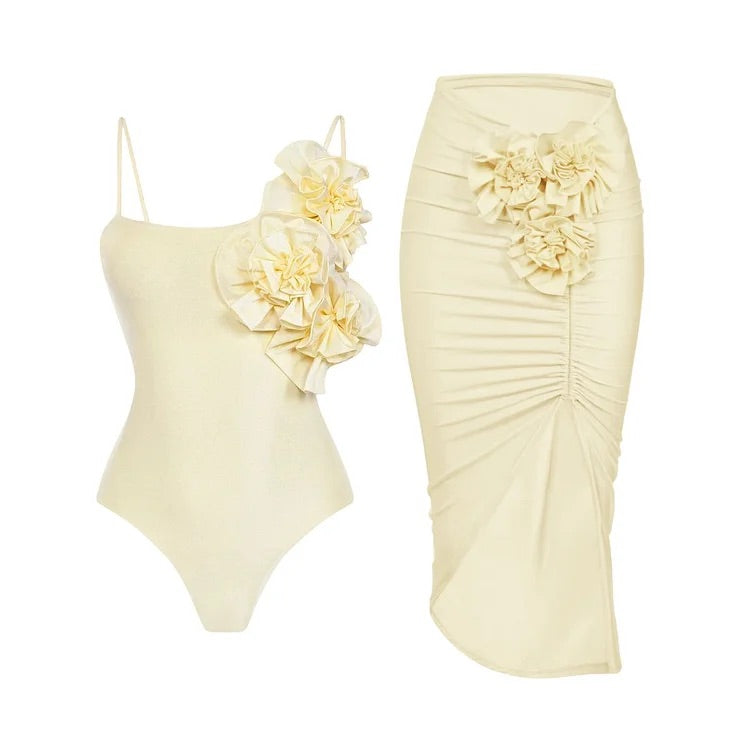3D Flower Sling One Piece Swimsuit and Skirt