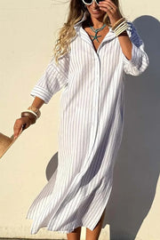All-match Striped Button Up Half Sleeve Belted Pocket Shirt Midi Dress