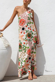 Botanical Print Elegant Strappy One-shoulder Resort Maxi Dress