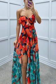 Loving Moment Gradient Unique Print Flowing Layered Ruffles Strapless Slit Maxi Dress