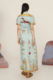 Deep Sea Dreaming Linen Blend Unique Print Short Sleeve Tie-up Shirt Maxi Dress