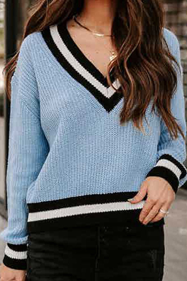 V-neck long-sleeved color-block sweater