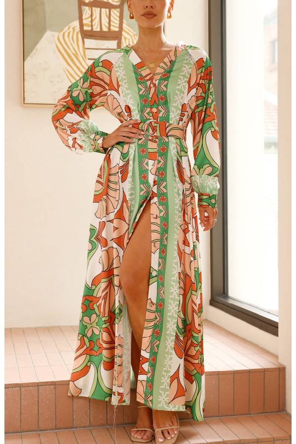 Autumn Maxi Dress - Orange/Green Print