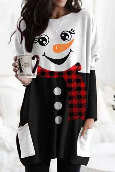 Snowman Print Long Sleeve Pocket Pullover Mini Dress