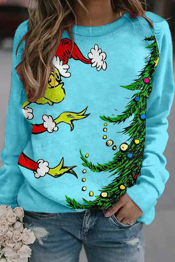 Fun Printed Sleeves Round Neck Pullover Long Sleeve Sweatshirt