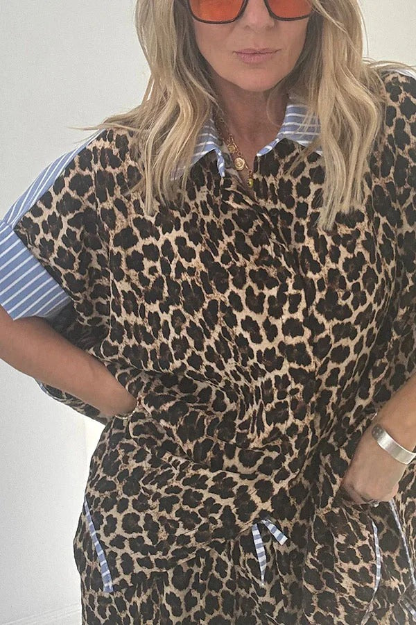 Comfortable Leopard Stripes Colorblock Print Oversized Shirt and Elastic Waist Pocket Loose Pants Set