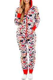 Christmas Print Zipper Pocketed Hooded Loungewear Jumpsuit