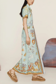 Deep Sea Dreaming Linen Blend Unique Print Short Sleeve Tie-up Shirt Maxi Dress