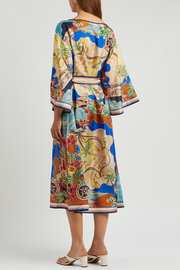 Unique Print Boat Neck Bell Sleeve Belt Pocketed Midi Dress