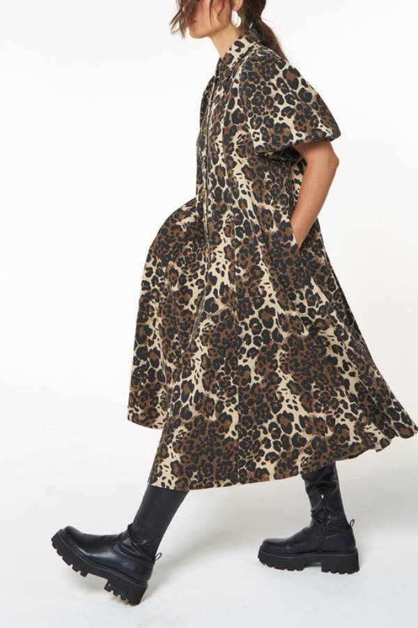 Leopard Print Denim Midi Dress