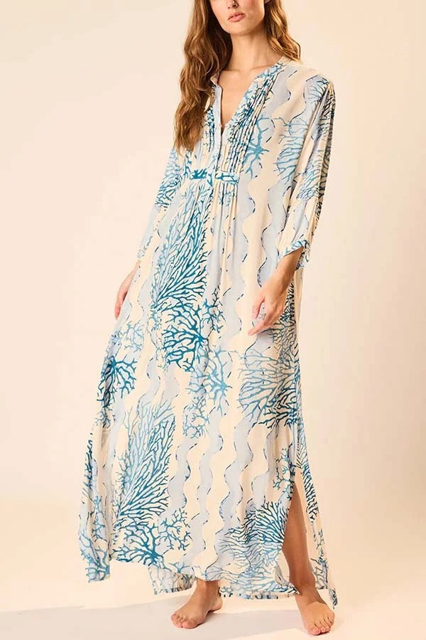 Quiet Sea Unique Print Pleated Neck Long Sleeve Slit Kaftan Maxi Dress