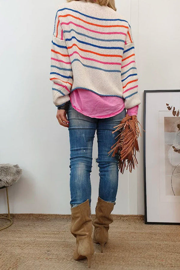 Drop Shoulder Color Block Stripes Knitting Sweater