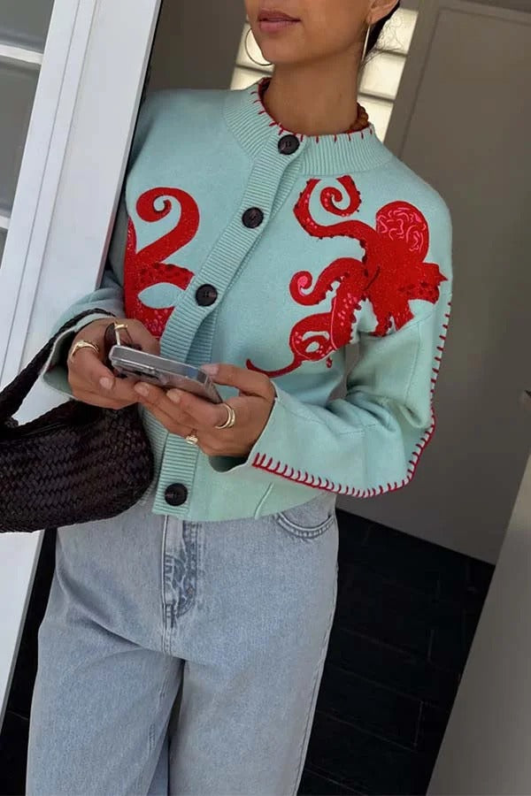 Coastal Fashion Knit Octopus Graphic Contrast Piping Button Up Loose Cardigan