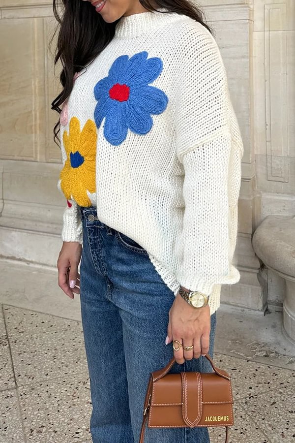 Sun Kissed Knit Colorful Floral Turtleneck Pullover Sweater