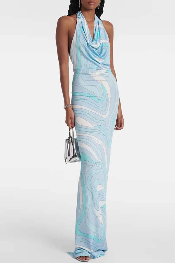 Caralyn Unique Print Halter Cowl Neck Slit Stretch Maxi Dress