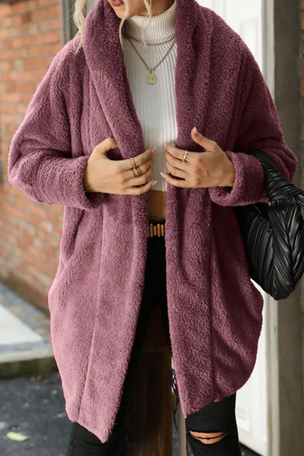 Loose Casual Solid Color Plush Buttonless Lapel Long Sleeve Coat