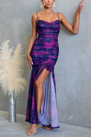 Spaghetti Strap Ruched Slit Floral Print Maxi Dress