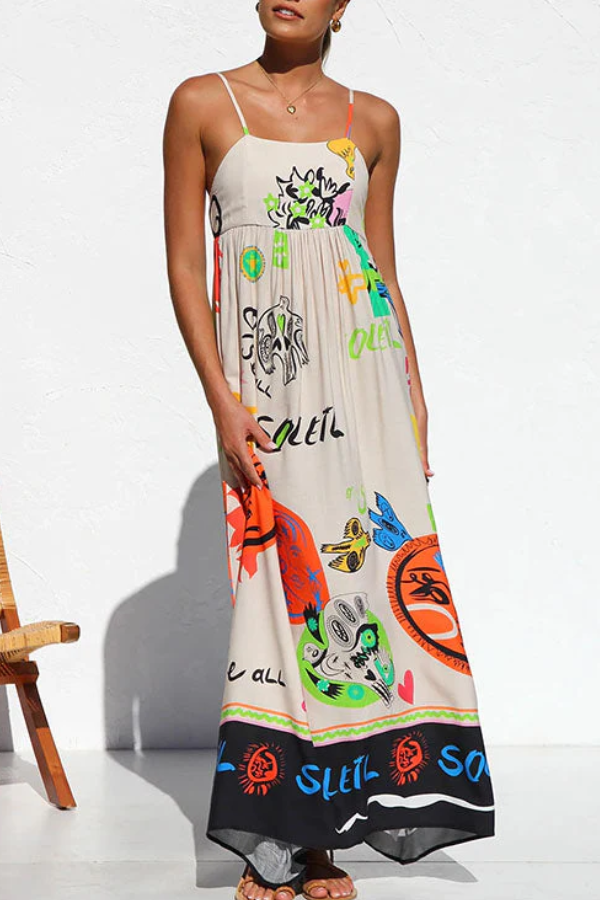 Tie Back Cut Out Graffiti Print Flowy Maxi Cami Dress