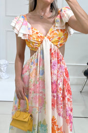 BLOOMING BEAUTY MULTICOLOR FLORAL FRILL CUTOUT BACK TIE-UP MAXI DRESS