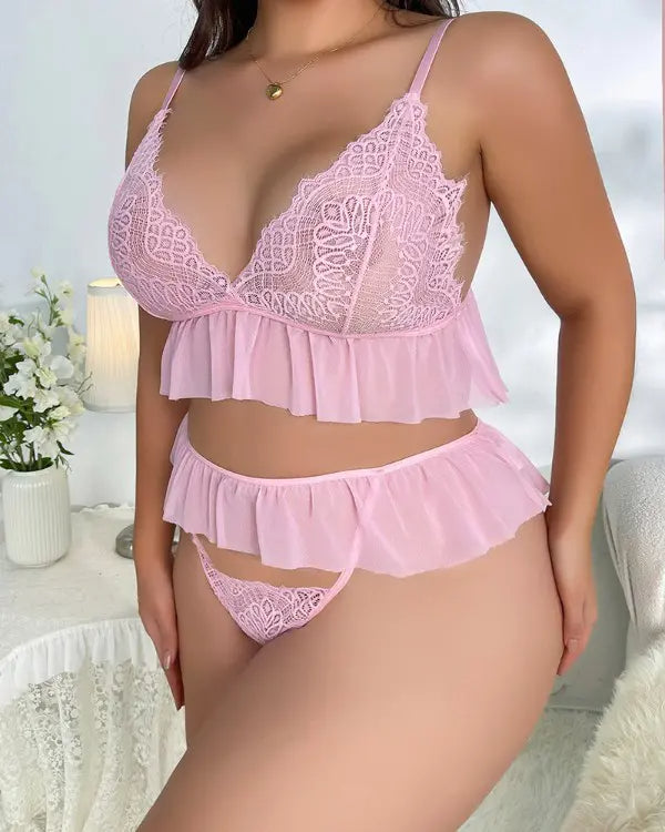 Plus Size Crochet Eyelash Lace Sheer Mesh Lingerie Set SKU: APU23050-ichic-pi