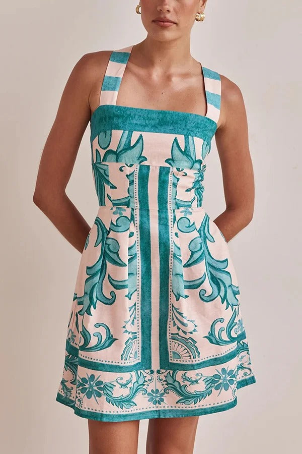 Summer Linen Blend Unique Print Wide Strap Pocket Mini Dress