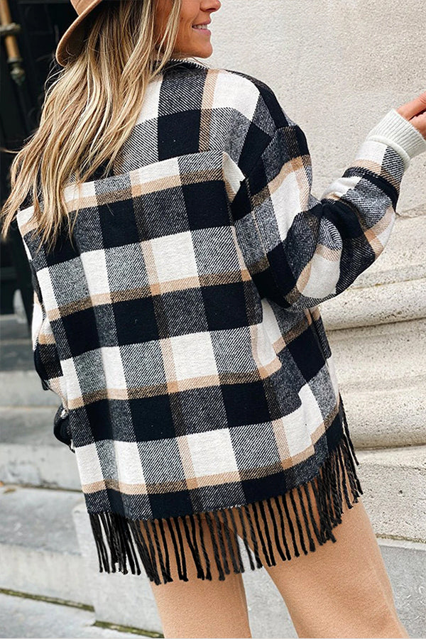 Plaid Snap Button Pocket Fringed Hem Shacket