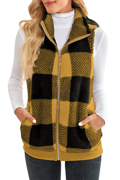 Plaid thickened double-sided velvet cardigan vest stand collar sleeveless vest jacket