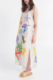 Ocean Vibe Satin Marine Elements Unique Print Slit Loose Slip Midi Dress