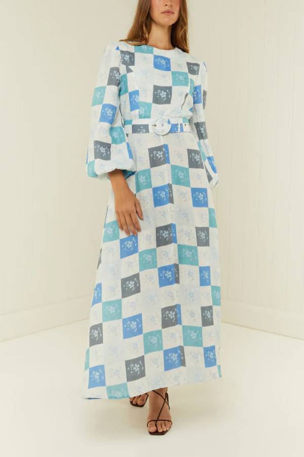 Blue Floral Tile Print Eyelet Belt Mid Sleeve Maxi Dress