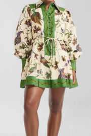 Floral and bird print shirt collar fitted dress