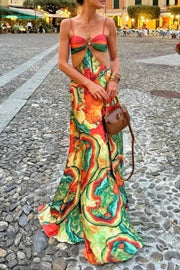 Volcanic Magma Printed Metal Decoration Cutout Back Tie-up Vacation Maxi Dress