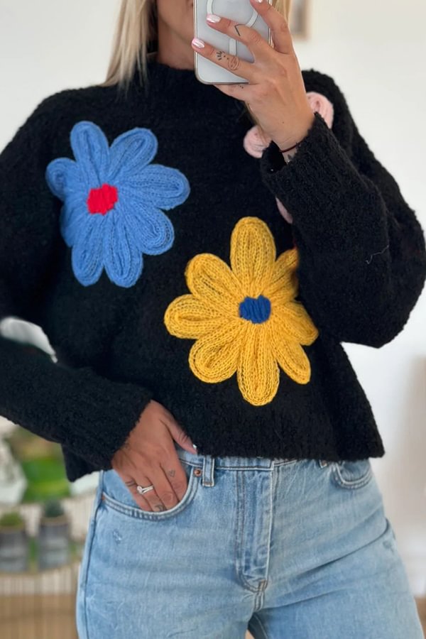 Sun Kissed Knit Colorful Floral Turtleneck Pullover Sweater