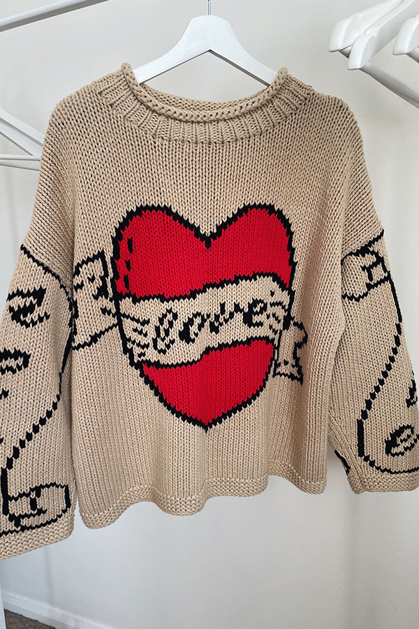 Love Is A Gift Creative Love Pattern Knit Loose Pullover Sweater