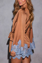 Joyful Bond Satin Lace Trim Contrast Color Bell Sleeve Tie-up Kimono Mini Dress