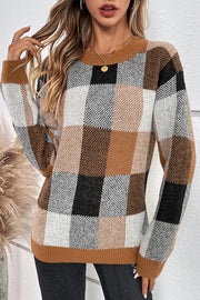 Color block plaid round neck pullover sweater