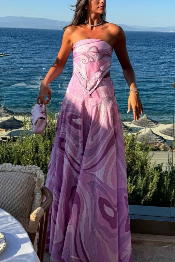 Nessie Satin Unique Print Scarf Tube Top and High Rise A-line Maxi Skirt Set