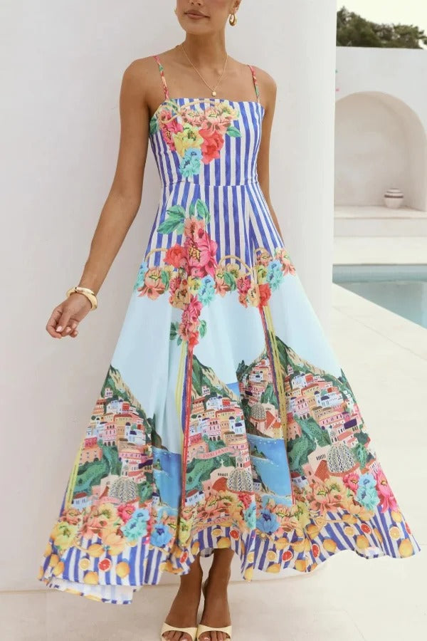 Unique Printed Spaghetti Strap Square Neck Casual Holiday Maxi Dress