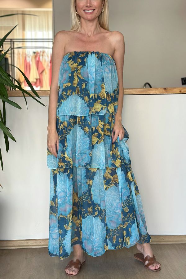 Cecily Contrast Floral Print Tiered Ruffles Strapless Maxi Dress