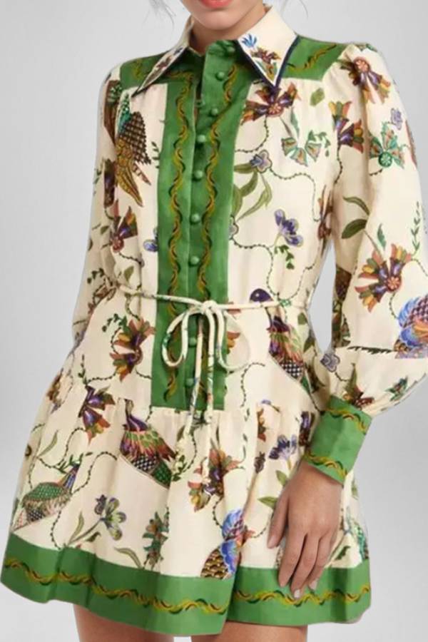 Floral and bird print shirt collar fitted dress