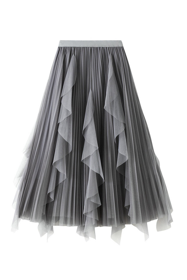 High-waisted ruffled patchwork mesh skirt