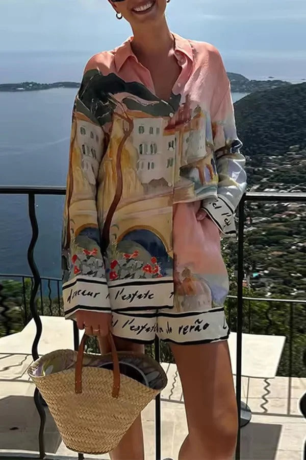 Unique Print Lapel Long Sleeve Loose Shirt and Elastic Waist Casual Pocket Shorts Set