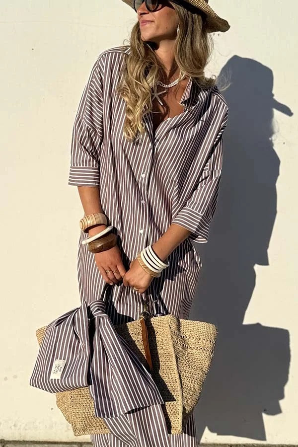 All-match Striped Button Up Half Sleeve Belted Pocket Shirt Midi Dress