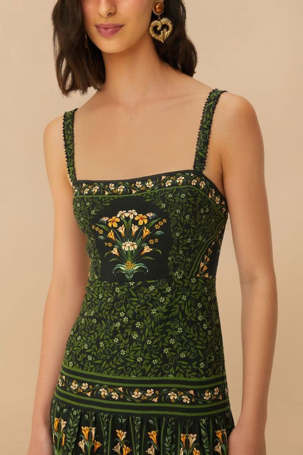 Tropical Look Linen Blend Floral Print Square Neck Back Smocked Midi Dress