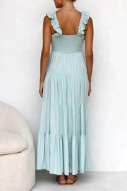 V Neck Ruffle Trim Tiered Sleeveless Linen Maxi Dress