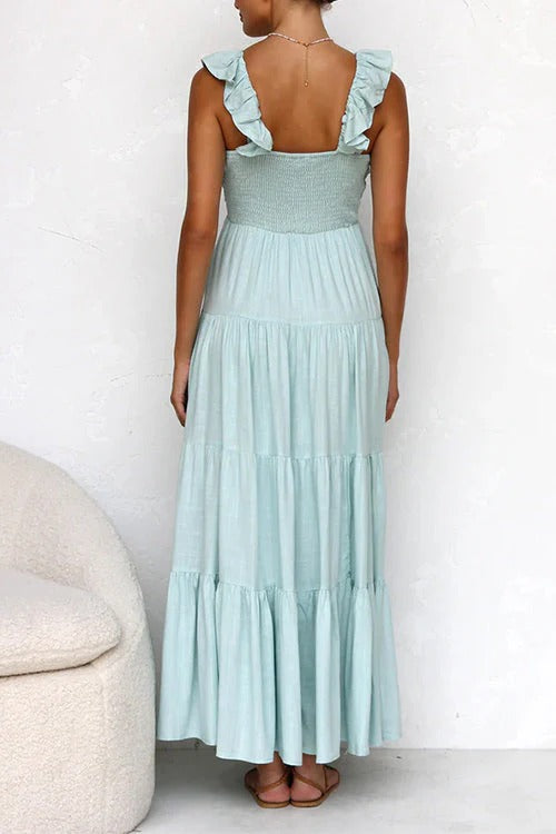V Neck Ruffle Trim Tiered Sleeveless Linen Maxi Dress
