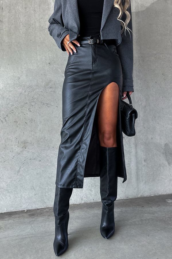 After Dark Faux Leather High Waist Slit Irregular Midi Skirt