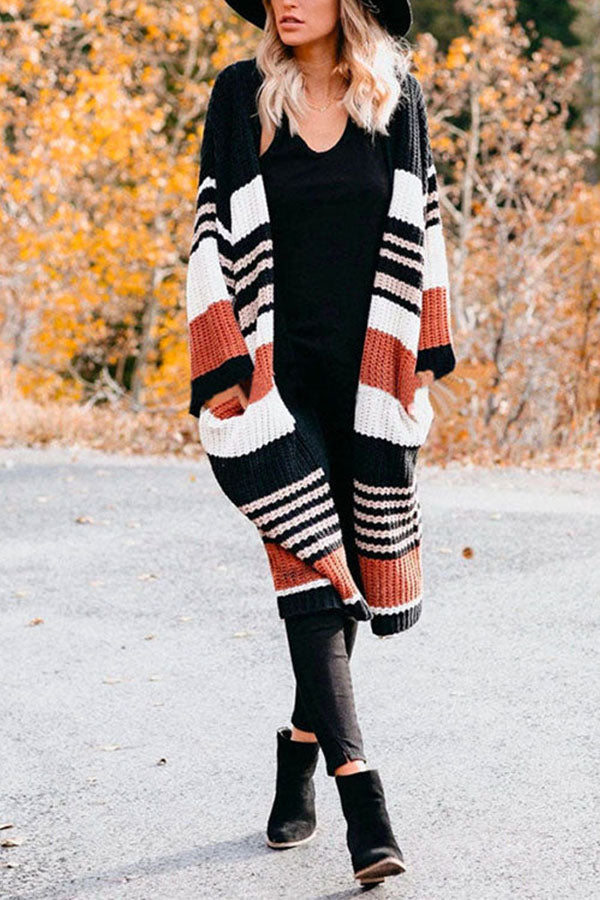 Pocketed Color Block Striped Chunky Knit Midi Cardigan