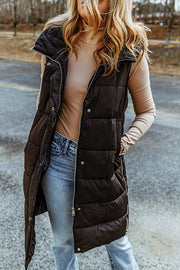 Hooded Pocketed Quilted Long Vest Coat