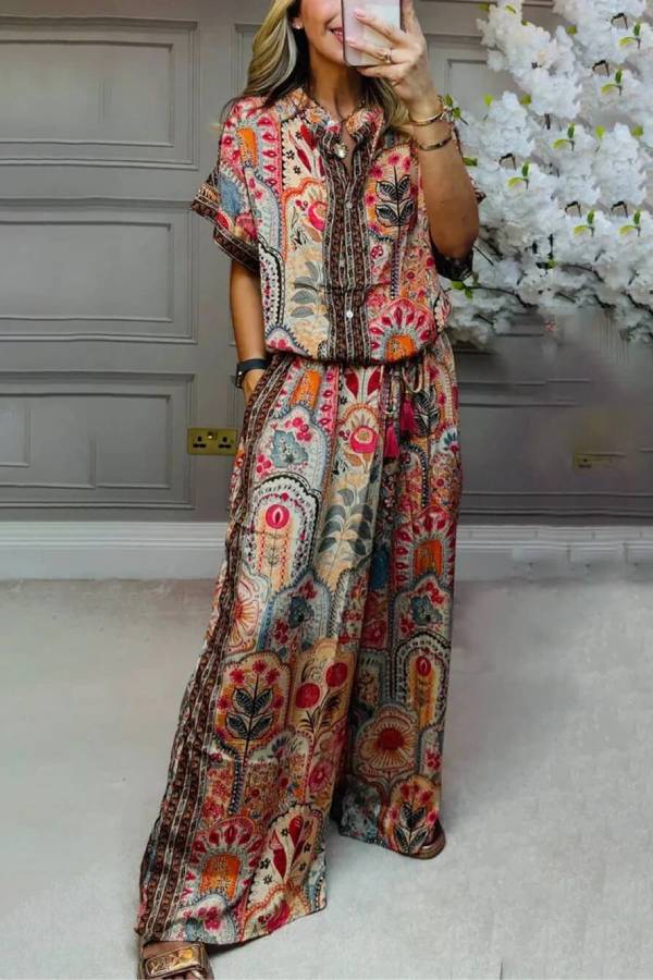 Boho Print Tassel Detail Casual Elastic Waist Pocket Wide-Leg Pants